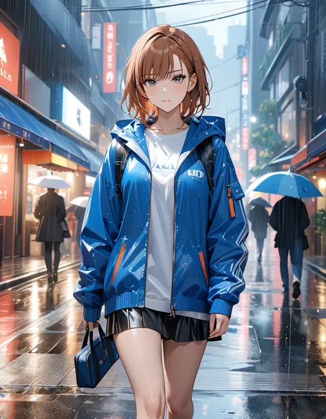 ( Walking in the Rain), Lonely Traveler, (whole body), masterpiece:1.5, masterpiece, highest quality, (Misaka Mikoto), UHD, retina, masterpiece, accurate anatomy, textured skin, super detailed, high quality, best quality,  highres icon, 8k