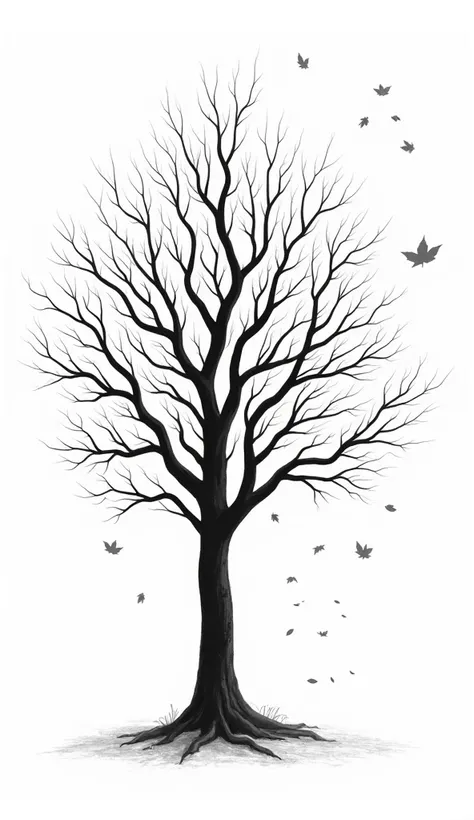 "Create a tree with leaves in mid-fall, illustrated in black-and-white outlines only."