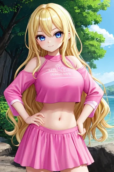 1girl, best quality, looking at viewer, kawaii, shiny skin, shiny clothes, pink bikini armor, crop top, veritical navel, bare stomaccloak, huge breasts, long hair, wavy hair, blonde hair, blue eyes, smile, hand on own hip, closed mouth, outdoors,  