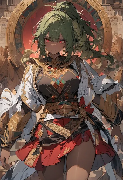 { - anatomy error} , ((Best Quality)), ((masterpiece)), (detailed), 1 woman, solo, dark brown skin, green hair,  red eyes, ponytail, ribbon, mature, Jaguar warrior, wearing a red skirt with a border of yellow and red plates, four blue and yellow half circl...