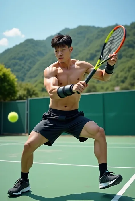 Korean man playing tennis with weights