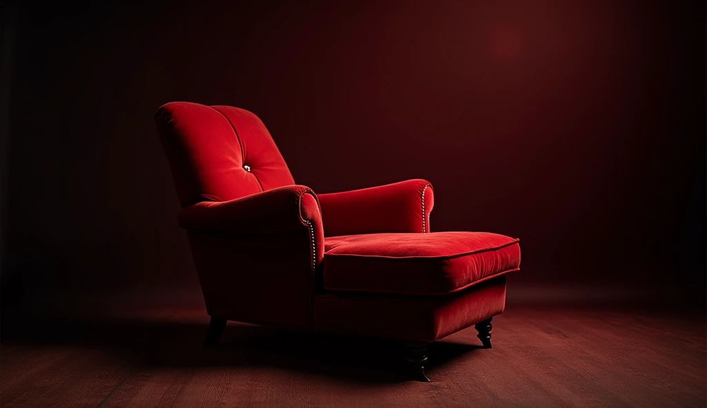 (  Photographic portrait of pretty lying lassive armchair covered in retro red velvet . Fond écran noir 