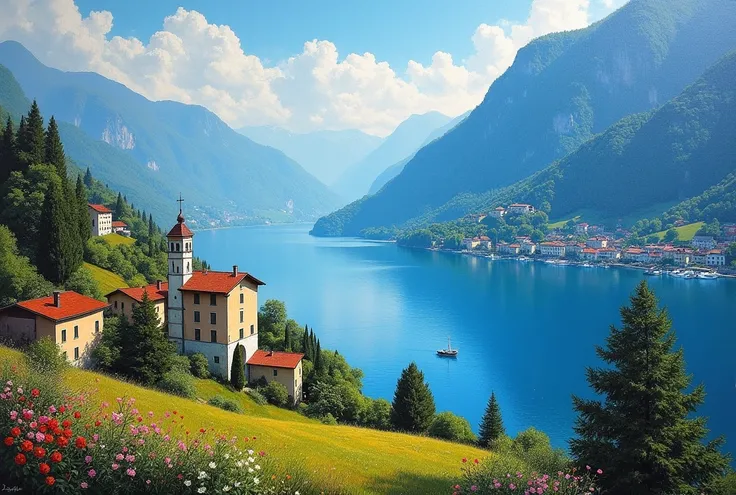  Oil Painting , beautiful landscape on the edge of Lake Como , Italy,  Strong color contrasts ,  clear shapes bright colors .  Small flowers., contrasts of light and shade and typical houses of the region.