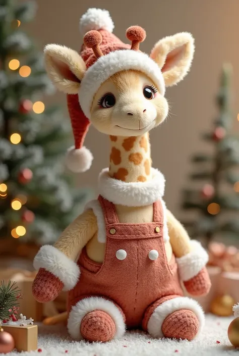 Christmas fluffy giraffe with Christmas floral fluffy overall, cap, winter glove. Background Christmas 