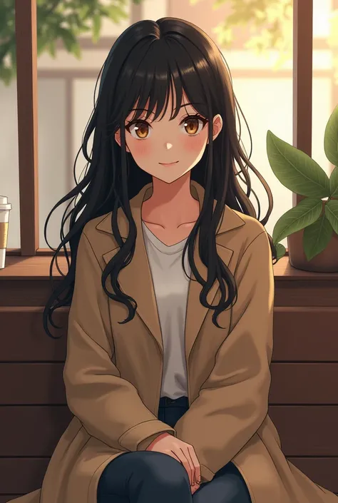 Black-haired woman with straight brown ,  dressed in a loose-fitting coat sitting on a cafe bench while looking straight ahead and smiling with brown eyes, manga anime style 