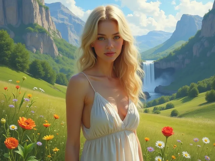 realistic,  BLONDE WOMAN,  Medium breasts, green meadow, Mountains with waterfall, Flowers in the field