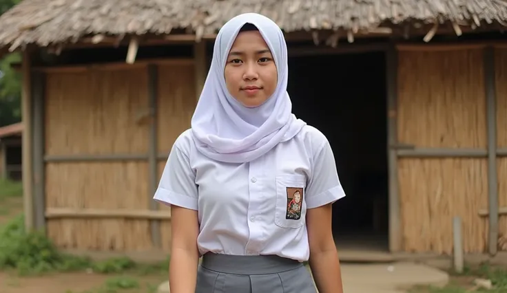 ((ultra-realistic photo)) [A 17-year-old Indonesian girl with a beautiful face and a tired, sweaty expression walks in front of a simple bamboo house in a rural village setting. She wears a clean white hijab and an Indonesian high school uniform, consistin...