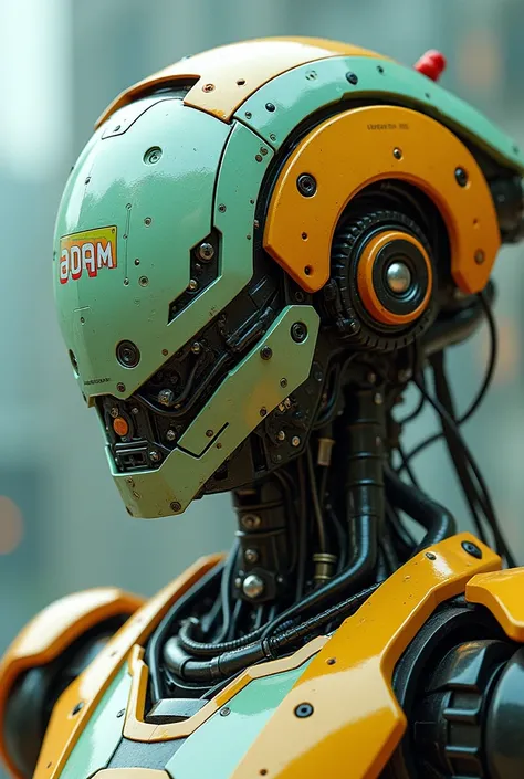 Close-up image of a highly detailed robot . This robot has a futuristic and mechanical design , in striking light green, orange and yellow colors . The parts look complicated , with wires , pipe, and clearly visible mechanical components . There is a "ADAM...