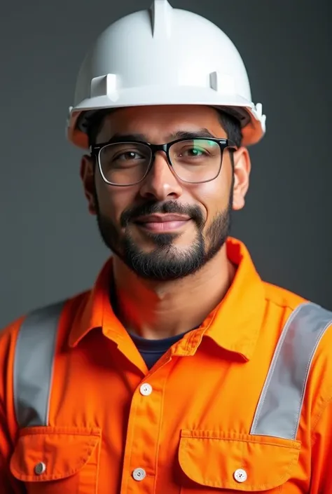 A 40-year-old worker who is a sailor and Hispanic ,  is wearing a long-sleeved orange jumpsuit with white reflective tape on the jumpsuit and is also wearing a white helmet and transparent safety glasses