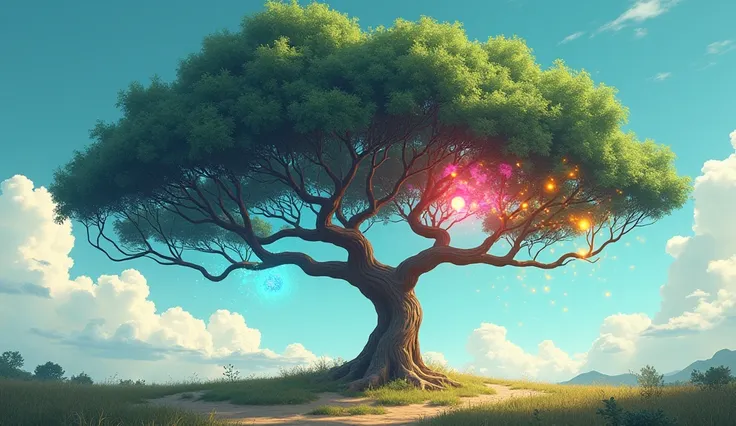 New dreams and thoughts come to life in ,  as the branches of Acacia move under the influence of the wind ,  .  Lights and colorful thoughts shining at the ends of the branches, Draw in animation style but realistic.