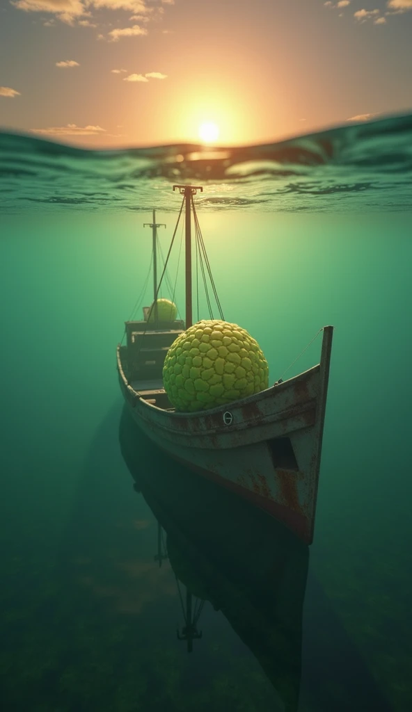 CREATE A 3-D  *GUANABARA  * CLOSE TO THE OLD SUNKEN SHIP WITH A GLARE OF THE SUN IN THE MIDDLE OF THE WATER