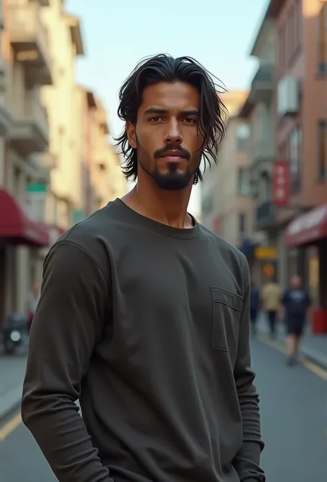 a mixed-race man, mid hair, standing in street, fundo desfocado, bonito, fotorrealista