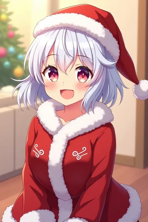  anime girl image, smiling, with a Santa suit , white hair with a fringe that covers the right side of his face