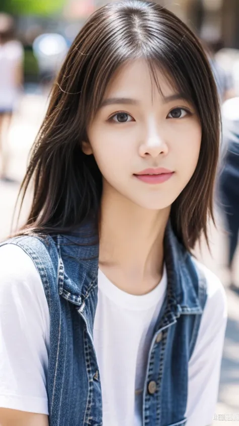 super quality、 ultra high resolution、8k、prety、The most beautiful woman in the world、（ brown bob cut hair:1.5）、Small face、Thin, thin eyebrows 、daytime、street、realistic、（ White t-shirt :1.5）、 jeans 、Sexy Expression 、 sexy pose、