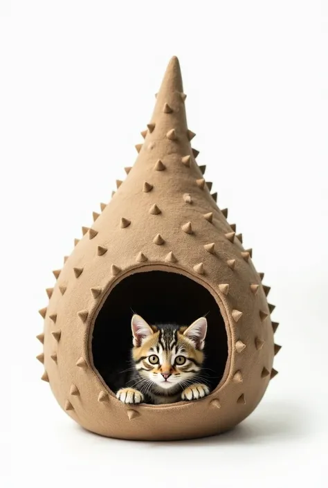 a cat house in the shape of a garden shrub in the shape of a drop, there is a kitten in the house, the surface of the shrub-shaped house contains small triangles pointing upwards. the whole is on a white background.