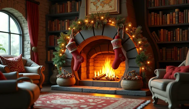 a cozy rounded hobbit fireplace, in hat shape, with christmas addorments, garland, bookshelf and a map of middle earth, with two stocks socks, Miki Asai Macro photography, close-up, hyper detailed, trending on artstation, studio photo, intricate details, h...