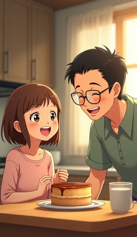 photorealistic anime, Octane render, 4k, a young girl with short brown hair and a laughing expression, and a middle-aged man with short black hair and glasses, are sitting at a table in a bright kitchen, looking at a slightly burnt cake. Close-up on the ca...