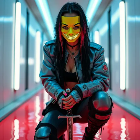  Full body film photograph a woman wearing a smiling neon yellow 4D steampunk style face mask , who seems vengeful .  The woman with wet black hair with long neon red highlights, tattooed skin wears a short jacket made of aged metallic blue leather covered...