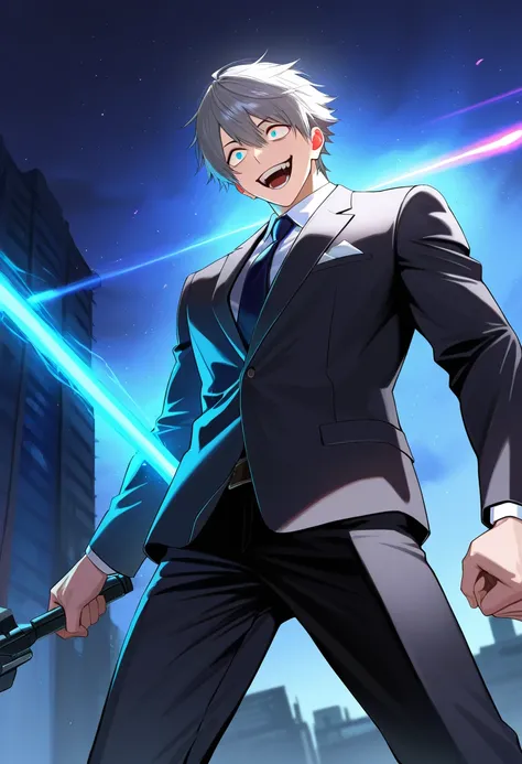 score_9,score_8_up,score_7_up,source_anime,rating_safety,masterpiece,best quality,hyper detailed,super fine illustration,8k,cinematic angle,BREAK 1boy,solo,grey hair,crazy eyes,crazy smile,mens suits,holding_light saber,standing,BREAK crapped city,detailed...