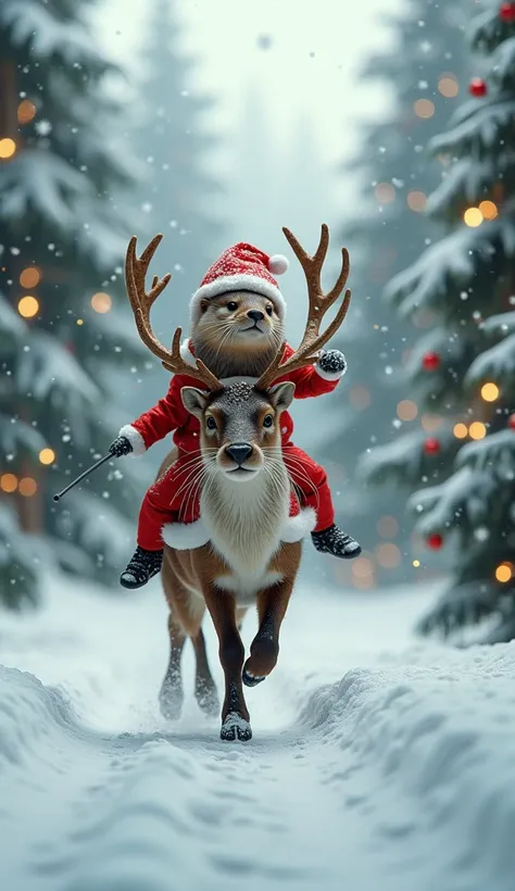 A realistic sea otter is riding on the back of a reindeer, Santa Claus Costume,  and running through the snow with lots of Christmas trees