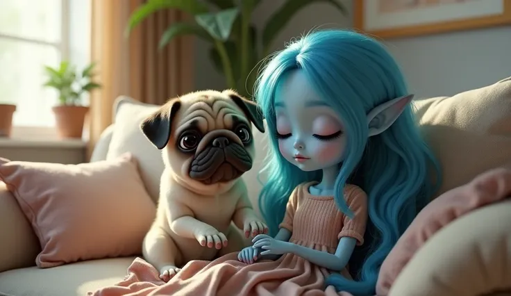 make a realistic picture of A charming, small, pug sitting on the lap of an alien girl who is beautiful with blue body and blue hairs and sitting on a sofa in a room