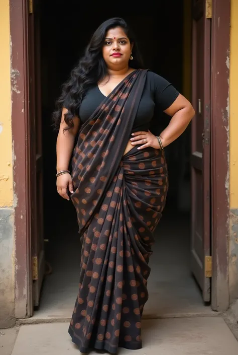 Indian extreme plus size BBW chubby fat busty dark skinned wide woman with dusty face with large breast and large fat curvey figure and wide shoulder and long hair and wearing black deep neck tight fitting blouse with displaying cleavage and display navel ...