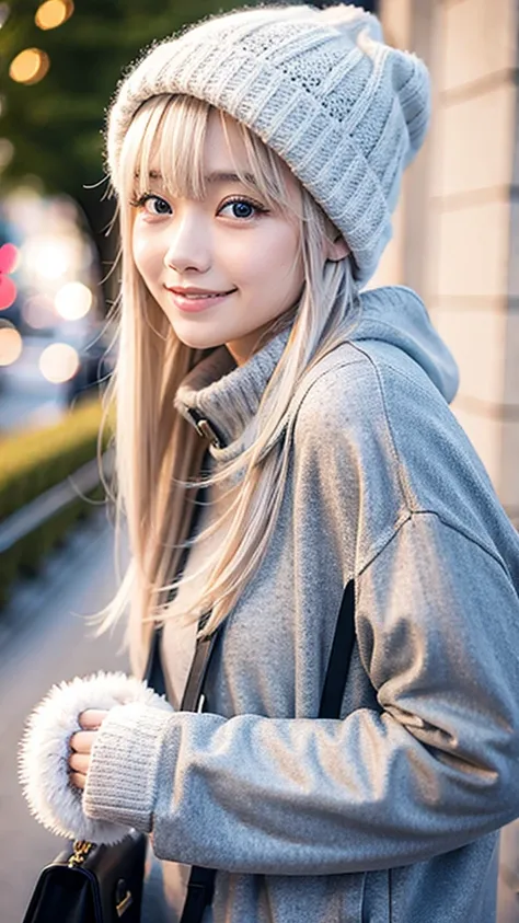 18 year old Japanese female、 platinum blonde、 semi-long、 my hair is wavy 、smile。.、 wearing a high neck sweater、Wear a duffle coat、 gloves 、、 Wear a wool hat  、I&#39;m wearing a scarf、Its a winter town 。Baby Face、 Dark Tanned Skin 、 Big Breasts 、