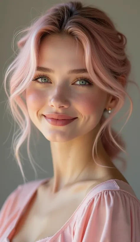 "A realistic portrait of a young woman with soft pastel pink hair, styled elegantly, wearing an elegant casual outfit, natural makeup, and a warm smile."