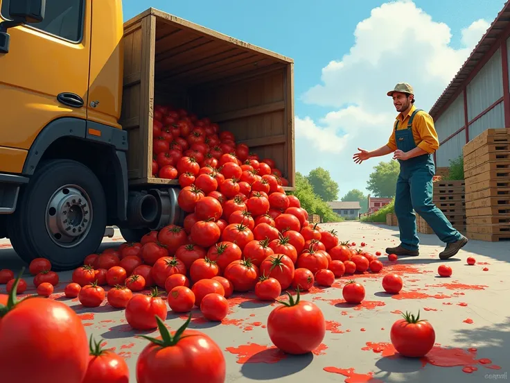 truck knocking tomatoes on the ground ,  and worker slipping on tomatoes