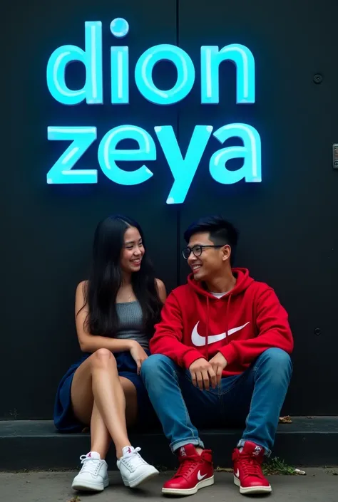 

" Indonesian couple with surreal image ,  men and women in contemporary style .  Women with black long black hair ,  wearing tight casual top and navy blue miniskirt .  Men wearing red Nike hoodie , blue jeans, and red Jordan shoes .  Black wall backgrou...