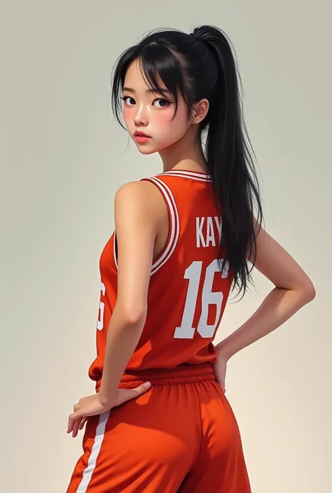 Make a picture of a 19 year old Asian girl wearing a basketball shirt posing with the name KAY on her back with the number 16