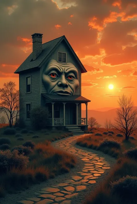  The image has a resolution like a wavy line, but in fact it uses a straight line in nature, with a house that looks scary and the face in love at the same time. The colors are very hot, but they have a certain cold tone, so the sun is almost setting in th...