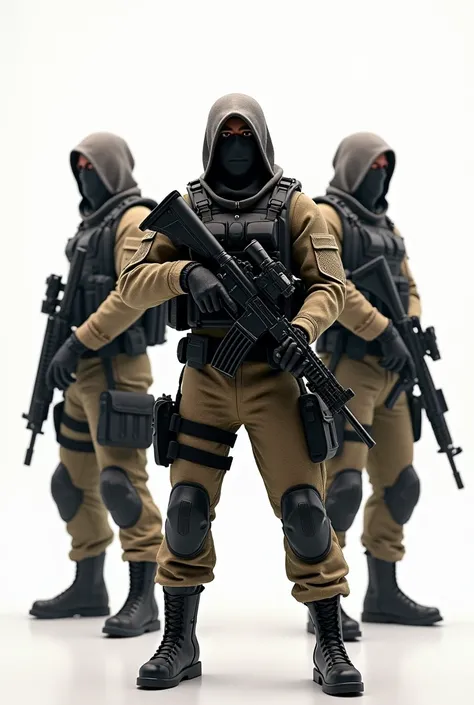 A soldier and two terrorists both terrorists from Costa Rica characters from CS GO with white background varying the position of the weapons. two terrorists in the background tilting the gun upwards 