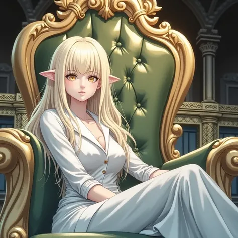 A beautiful blonde girl with an indifferent bored look sits on the throne with her legs folded