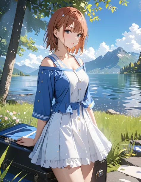  lakeside, (Lonely Traveler:1.5),  high school girl, masterpiece:1.5, masterpiece, highest quality, (Misaka Mikoto), UHD, retina, masterpiece, accurate anatomy, textured skin, super detailed, high quality, best quality,  highres icon, 8k