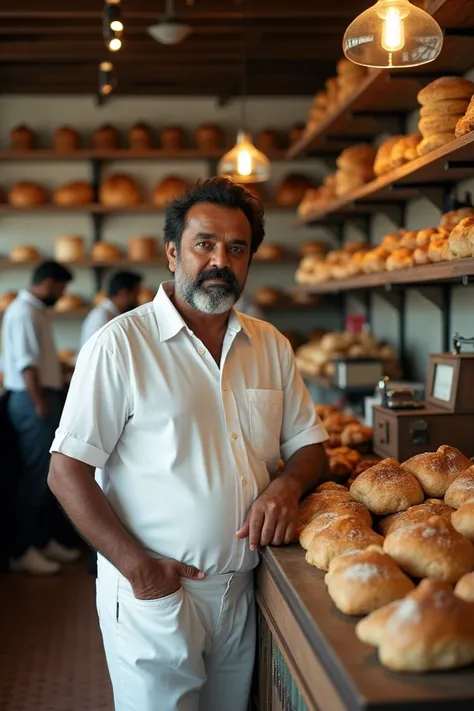 Photo of Malayalam film actor Mammootty doing business at a bakery