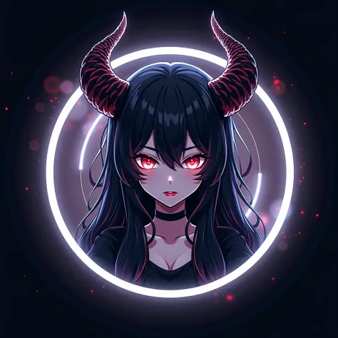  A logo for a music channel on YouTube .  Demonic horns should be visible on it. It should be futuristic . in anime style. Anime Girl.  transparent background. Circular logo 