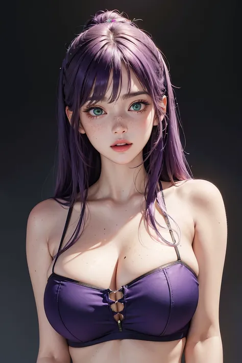 (masterpiece, highres, high resolution:1.2), anime 20 yo girl, portrait, shoulders up, illustration. drawn, violet hair woman, green eyes, blushing, solo, surprised, freckles, big lips, huge breasts, perfect body, wearing a tube top, no hands,