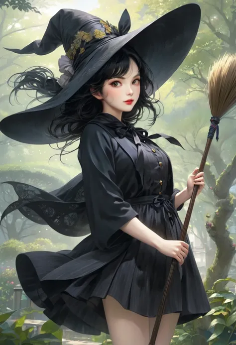 街で猫を乗せてbroomに乗って飛んでいる魔女,  Anime Fantasy Illustrations ,  Ghibli Tom Bagshaw , Anime Art Nouveau, Beautiful anime artwork, Witch fairy tale,  anime fantasy artwork , by Yoshihiko Wada, Kikis Courier, broom, Witch flying on a broom with a short  , Classic wi...