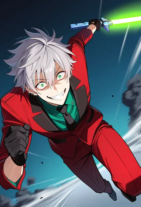 score_9,score_8_up,score_7_up,source_anime,rating_safety,masterpiece,best quality,hyper detailed,super fine illustration,8k,cinematic angle,BREAK 1boy,solo,grey hair,crazy eyes,crazy smile,mens suits,holding_green light saber,running foward,BREAK battlefie...