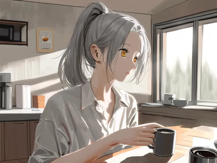 1 The girl with long gray hair,  hair collected in a ponytail , golden eyes,  at the table , holds 1 coffee mug, in a shirt, in the house,  Eternal beauty 
