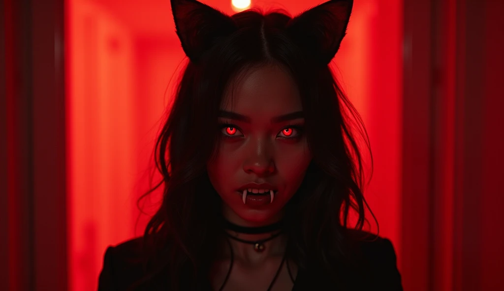 Woman in the dark,l total ,  with shiny white vampire teeth,  red eyes.  Dark red room ,  with cat ears. dark mood. 