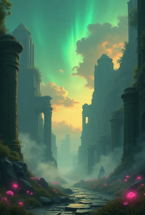  Here is a description for Art Generation :

*Description*

 Ethereal landscape of an ancient magical world .  Infinite sky with shades of emerald green ,  vibrant orange and twilight purple .  Soft and transparent mists float in the background ,  revealin...