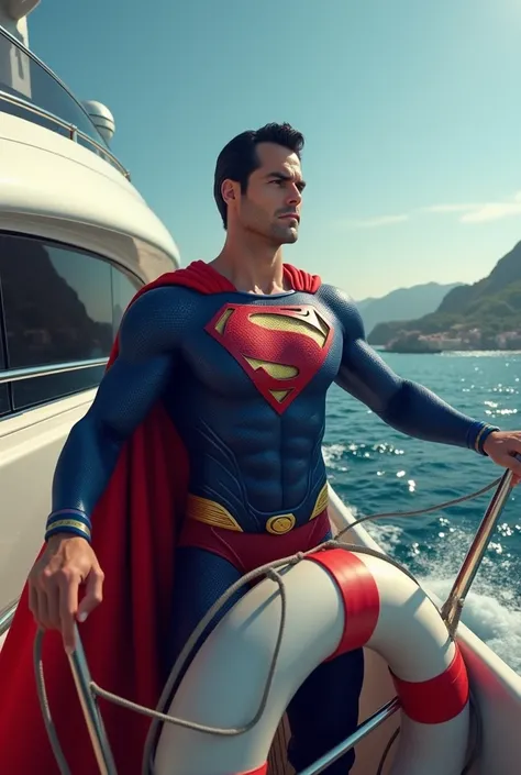 Superman driving a yacht while wearing a clothe of life server 