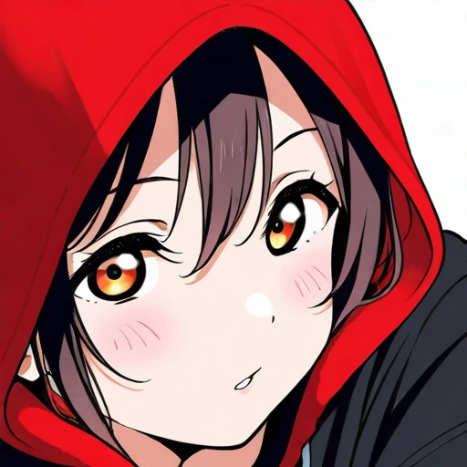 Honoka Kousaka from love live wearing black sweatshirt and red hood looking forward