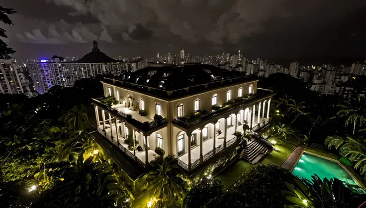 gala party with guests and imported cars arriving, Scary mansion inside the Leblon condominium in Rio de Janeiro, Dark and cloudy night, few lights, the atmosphere is gloomy,