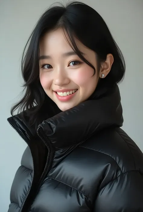 Japanese girl 、 black hair、 Hairstyle shortcuts、、、Ear piercing、黒い down jacket、smile、 beautiful alignment of teeth、 trainer、 upper body、 Neutral Backgrounds 、 frontal angle

