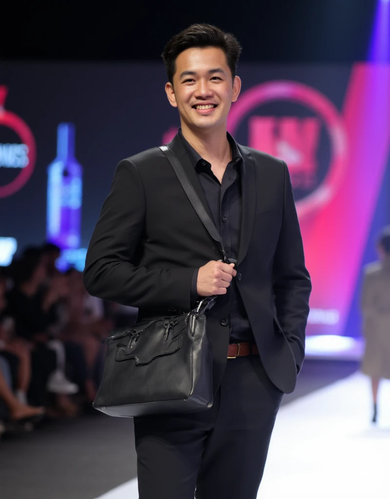 An Asian model standing confidently at the end of a runway, holding a stylish handbag with pride. She is under a bright spotlight, striking a poised and elegant pose with a calm and composed expression. The setting is a glamorous fashion show, with a sleek...