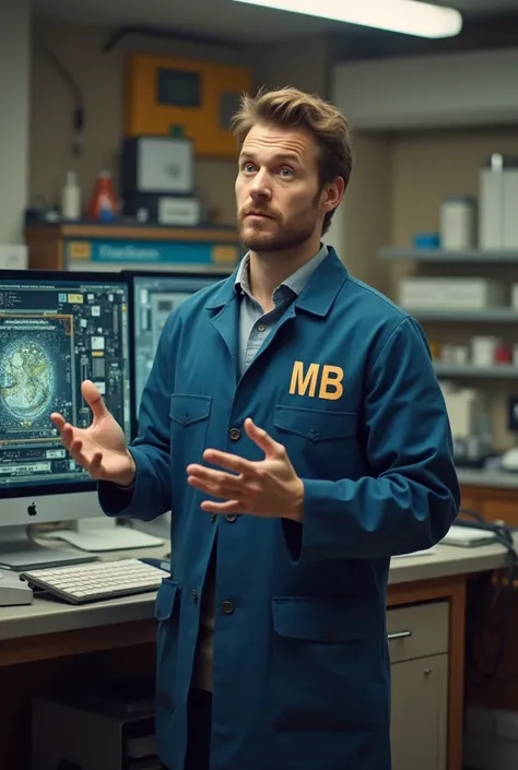 Create the image of a male technician with open hands explaining, with the same characteristics as the previous one, in a laboratory well equipped with tools and an open PC for analysis. Wearing a blue coat with the initials MB on the chest in Pantone sepi...