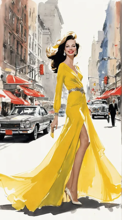 A stunning woman in a dreamy 1970s fashion, radiating joy as she strolls through a vibrant city. She wears a breathtaking fancy dress adorned with enchanting colors, her smile bright and inviting. With striking red lipstick, she embodies the glamour of a H...